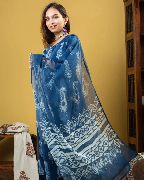 BLUE PROCEEN PRINT DESIGN KURTIES WITH PLAZZO AND DUPATTA SET - XXL
