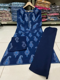 BLUE PROCEEN PRINT DESIGN KURTIES WITH PLAZZO AND DUPATTA SET - XXL