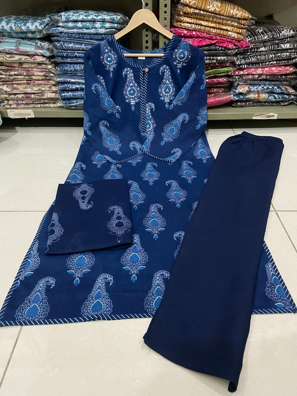 BLUE PROCEEN PRINT DESIGN KURTIES WITH PLAZZO AND DUPATTA SET - XXL