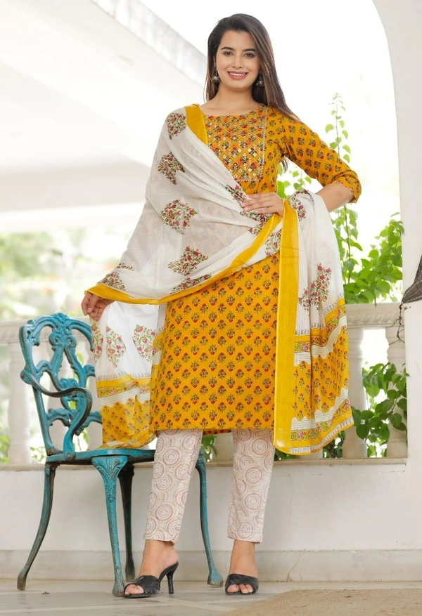ππA NEW LAUNCHππ *BEAUTIFUL HEAVY . COTTON 60/60 FABRIC KURTI BOTTOM AND DUPATTA. - Yellow, L