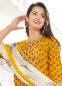 ππA NEW LAUNCHππ *BEAUTIFUL HEAVY . COTTON 60/60 FABRIC KURTI BOTTOM AND DUPATTA. - Yellow, L