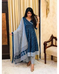 latest beautiful blue indigo cotton printed kurti with cotton pant,and dupatta set - L