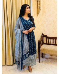 latest beautiful blue indigo cotton printed kurti with cotton pant,and dupatta set - L