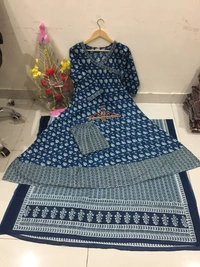 latest beautiful blue indigo cotton printed kurti with cotton pant,and dupatta set - L