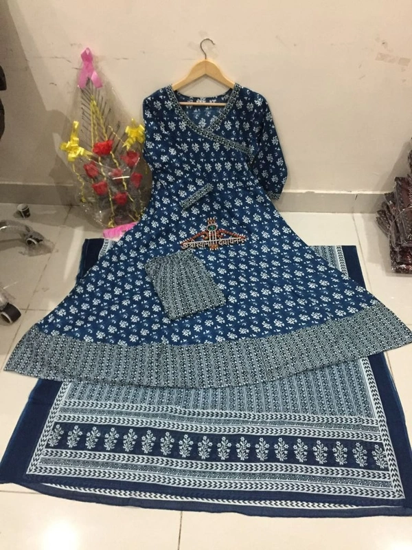 latest beautiful blue indigo cotton printed kurti with cotton pant,and dupatta set - L