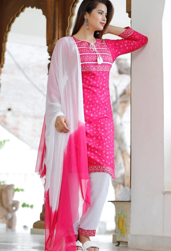 👗Rayon fabric kurti with pant and dupatta - Pink, XL