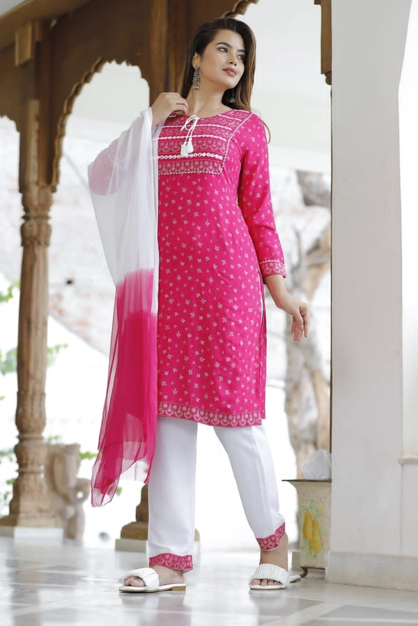 👗Rayon fabric kurti with pant and dupatta - Pink, XL