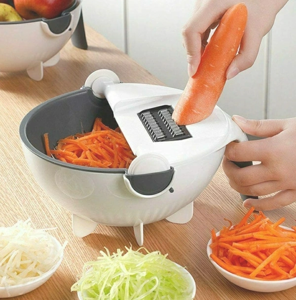 Multipurpose Bowl, Cutter With 6 Blades & Drainer For Vegitables  - White & Black