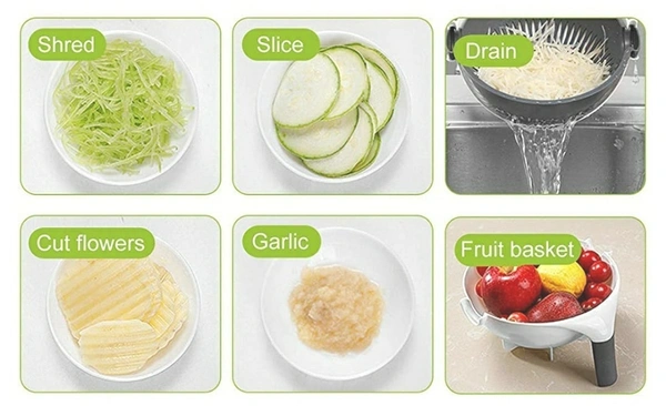 Multipurpose Bowl, Cutter With 6 Blades & Drainer For Vegitables  - White & Black