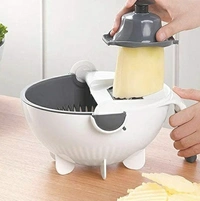 Multipurpose Bowl, Cutter With 6 Blades & Drainer For Vegitables  - White & Black