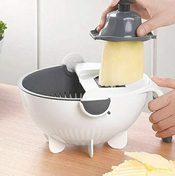 Multipurpose Bowl, Cutter With 6 Blades & Drainer For Vegitables  - White & Black
