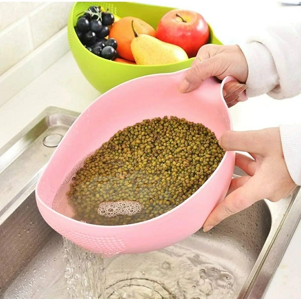 Rice Bowl with Handle Rice Pulses Fruits Vegetable Noodles Pasta Washing Mixing Bowl and Drainer Strainer for Storing and Straining, Vegetable and Food Drainer, Rice Wash Bown  - Wafer