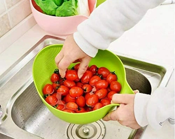 Rice Bowl with Handle Rice Pulses Fruits Vegetable Noodles Pasta Washing Mixing Bowl and Drainer Strainer for Storing and Straining, Vegetable and Food Drainer, Rice Wash Bown  - Wafer