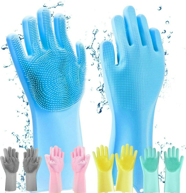 Gloves Magic Silicone Dish Washing Gloves, Silicon Cleaning Gloves, Silicon Hand Gloves for Kitchen Dishwashing and Pet Grooming, Great for Washing Dish, Car, Bathroom (Multicolour, Pack of 1)