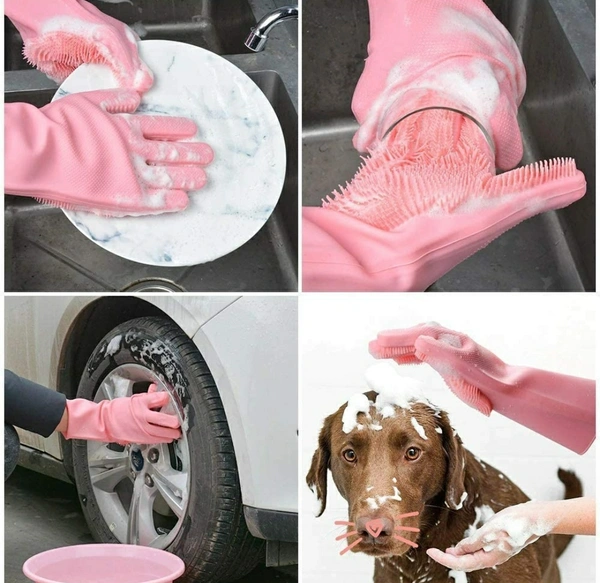 Gloves Magic Silicone Dish Washing Gloves, Silicon Cleaning Gloves, Silicon Hand Gloves for Kitchen Dishwashing and Pet Grooming, Great for Washing Dish, Car, Bathroom (Multicolour, Pack of 1)