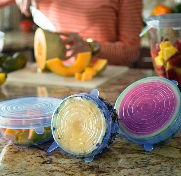 Silicone Stretch Lids, Multi Size Reusable Silicone Lids Food and Bowl Covers, Dishwasher and Freezer Safe (Color May Vary) (Pack of 6 Pcs)