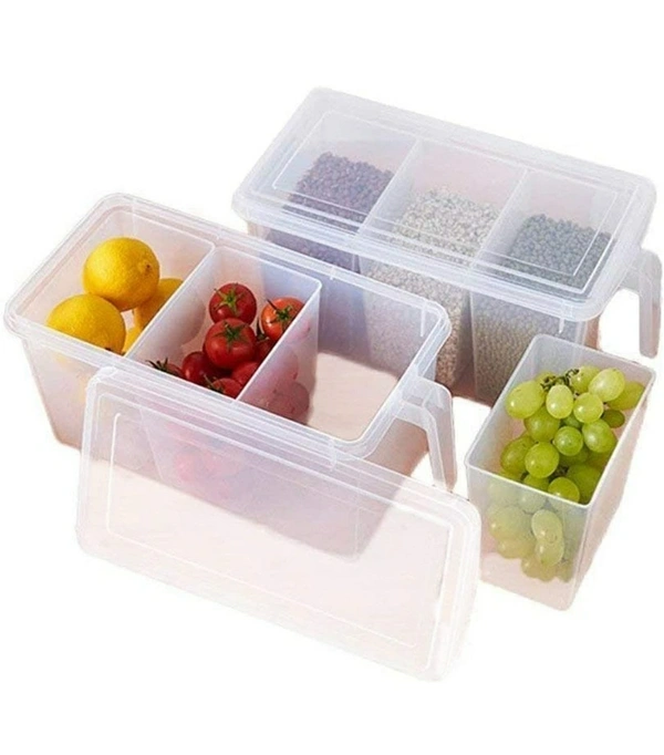 Plastic Refrigerator Square Handle Food Storage Space Saving Organizer Jar Container with Lid, Handle and 3 Smaller Bins for Grocery, Vegetable/Fridge Basket Rack (1500 ml)