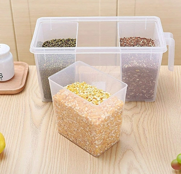 Plastic Refrigerator Square Handle Food Storage Space Saving Organizer Jar Container with Lid, Handle and 3 Smaller Bins for Grocery, Vegetable/Fridge Basket Rack (1500 ml)