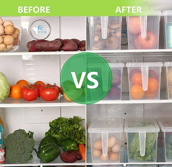 Plastic Refrigerator Square Handle Food Storage Space Saving Organizer Jar Container with Lid, Handle and 3 Smaller Bins for Grocery, Vegetable/Fridge Basket Rack (1500 ml)