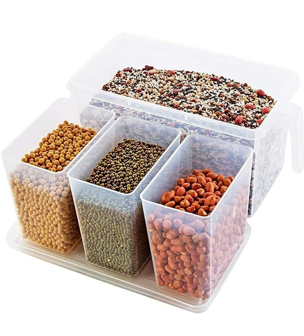 Plastic Refrigerator Square Handle Food Storage Space Saving Organizer Jar Container with Lid, Handle and 3 Smaller Bins for Grocery, Vegetable/Fridge Basket Rack (1500 ml)