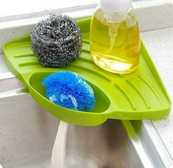 Kitchen Sink Corner Tool with Tray Storage Organizer Rack for Soap Dish Wash Basin (Plastic, Green), Pack of 1 - Green