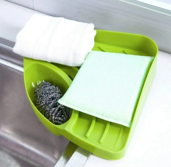 Kitchen Sink Corner Tool with Tray Storage Organizer Rack for Soap Dish Wash Basin (Plastic, Green), Pack of 1 - Green