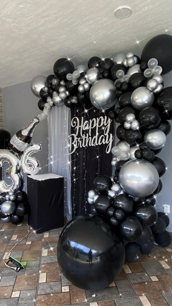 Birthday Backdrop With Balloons "Matt/Chrome Silver & Black"