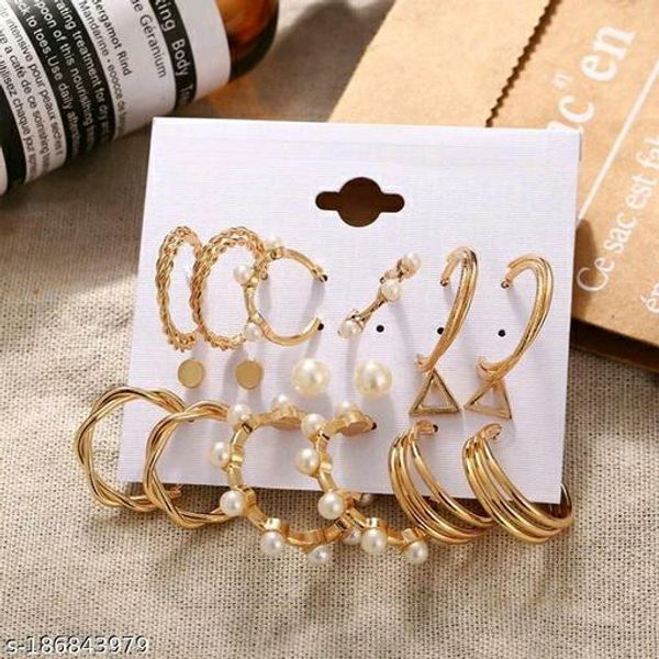 Jewels Galaxy Gold Plated Gold Toned White Studs, Hoops And Drop Earrings Set Of 6