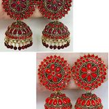 Pearl And Crystal Jhumka Earrings - Red-Green
