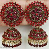 Pearl And Crystal Jhumka Earrings - Red-Green