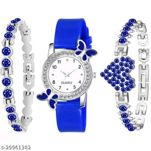 New Fancy Butterfly Design Analog Watch & 2 Bracelet - Blue
