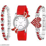 New Fancy Butterfly Design Analog Watch & 2 Bracelet - Red