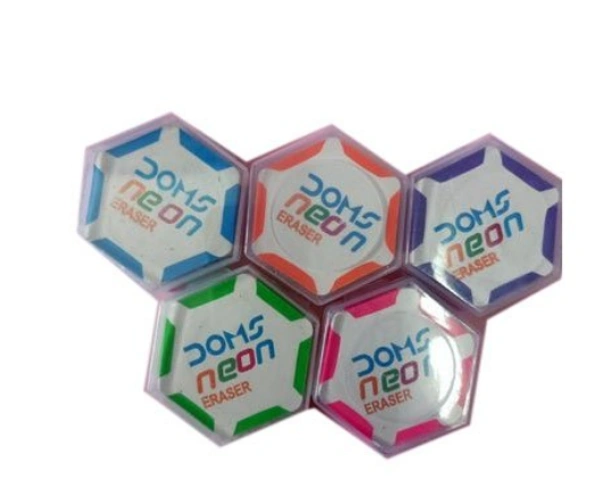 Doms Gsm Neon Hexagonal Eraser with Plastic Box - Pack of 6