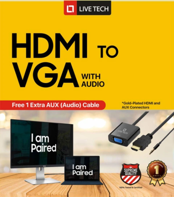Live Tech HDMI to VGA with 1pc Audio Cable (More Extra 1pc Free),Gold-Plated HDMI to VGA Adapter (Male to Female) for Computer, Desktop, Laptop, PC, Monitor, Proj, HDTV, Raspberry Pi, Media P, Xbox - Black [NOT for VGA to HDMI](1 Year Warranty)