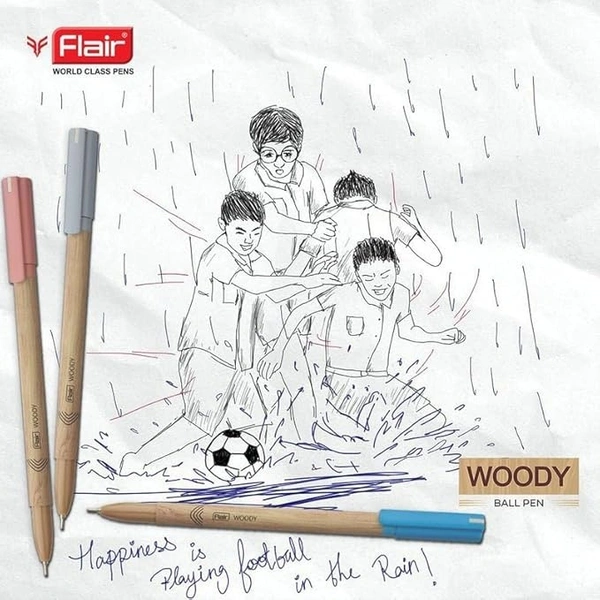 FLAIR Woody 0.7mm Ball Pen Box Pack of 10 | Attractive Woody Design  - Blue and Black