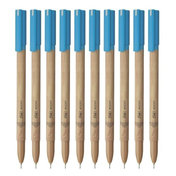 FLAIR Woody 0.7mm Ball Pen Box Pack of 10 | Attractive Woody Design  - Blue and Black