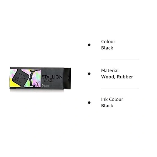 Youva Stallion Pencil (Pack of 10 Full BLACK Pencils) with Rubber Tip
