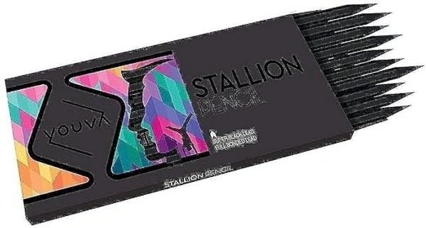 Youva Stallion Pencil (Pack of 10 Full BLACK Pencils) with Rubber Tip