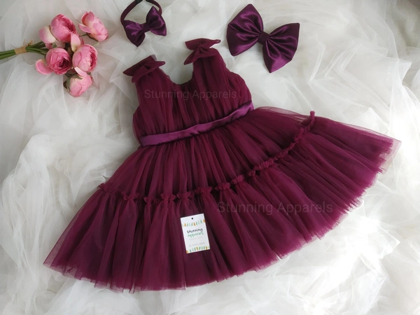 Designer Wine Ruffled Bellted Party Wear 