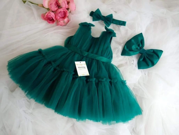 Designer Bottle Green  Ruffled Bellted Party Wear 