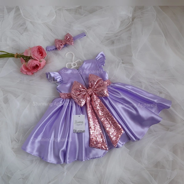 Lavender Pink Sequins Bow Belted Party Wear