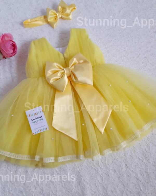 Pearls Work Stylish Partywear  Yellow Dress 
