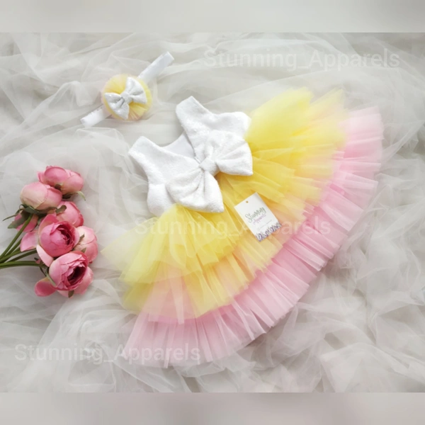 Milky Sequins Bow Multi Color Baby Pink Yellow Layered Frock 