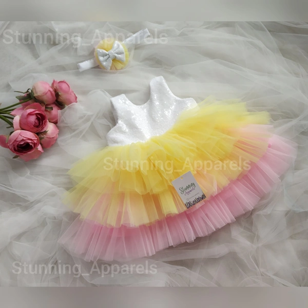 Milky Sequins Bow Multi Color Baby Pink Yellow Layered Frock 