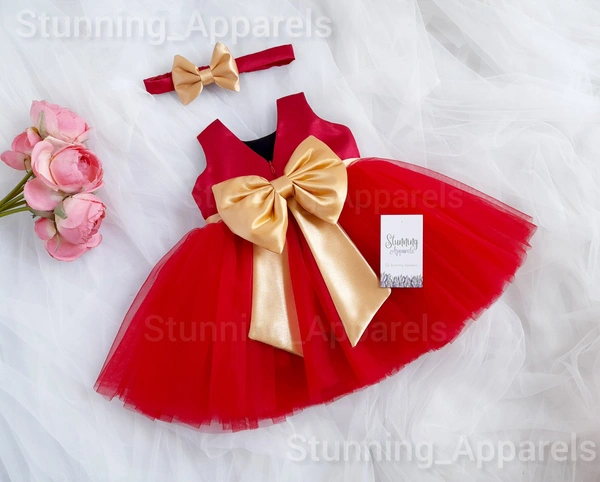Golden Satin Bow Red Cute Frock 