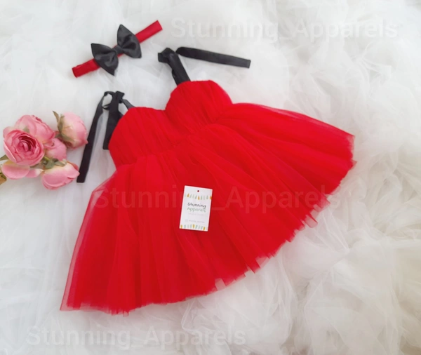 Black Satin Bow Strapped Red Frock 