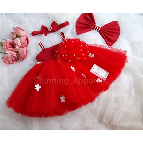 White Pearls And Flowers Work Strapped  Partywear Red Frock
