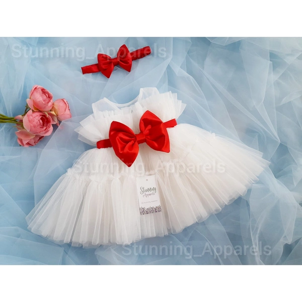 Red Satin Bow Ruffled Partywear White Frock 