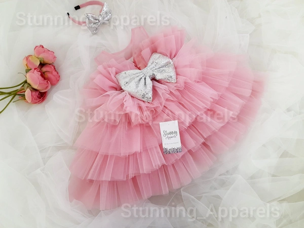 Silver Sequvence  Bow Layered Partywear  Peach Frock 