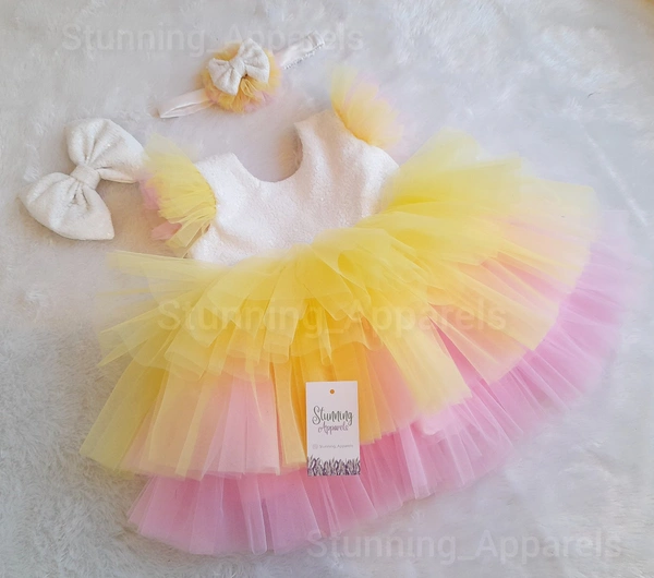 Pink And Yellow Layered Mlky Sequins Baby Frock 